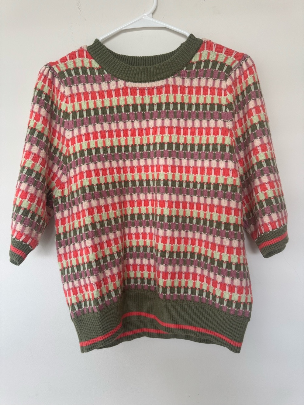 THML “Jill” Multi Color Green Pink Orange Boho Artsy Half Sleeve Sweater Sz M